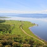 Vista de cima, de Baboon Cliff, sobre a margem do lago, uma trilha que acompanha um campo verde salpicado de animais, bosques de acácias e o lago até as colinas