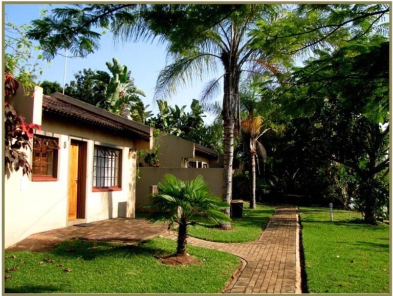 Um chalé com telhado de telhas e porta de madeira, diante de um caminho de tijolos e de uma pequena palmeira, sob um céu azul