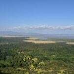 Vista de cima, da escarpa, sobre a floresta verde, a planície e o lago Manyara ao longe
