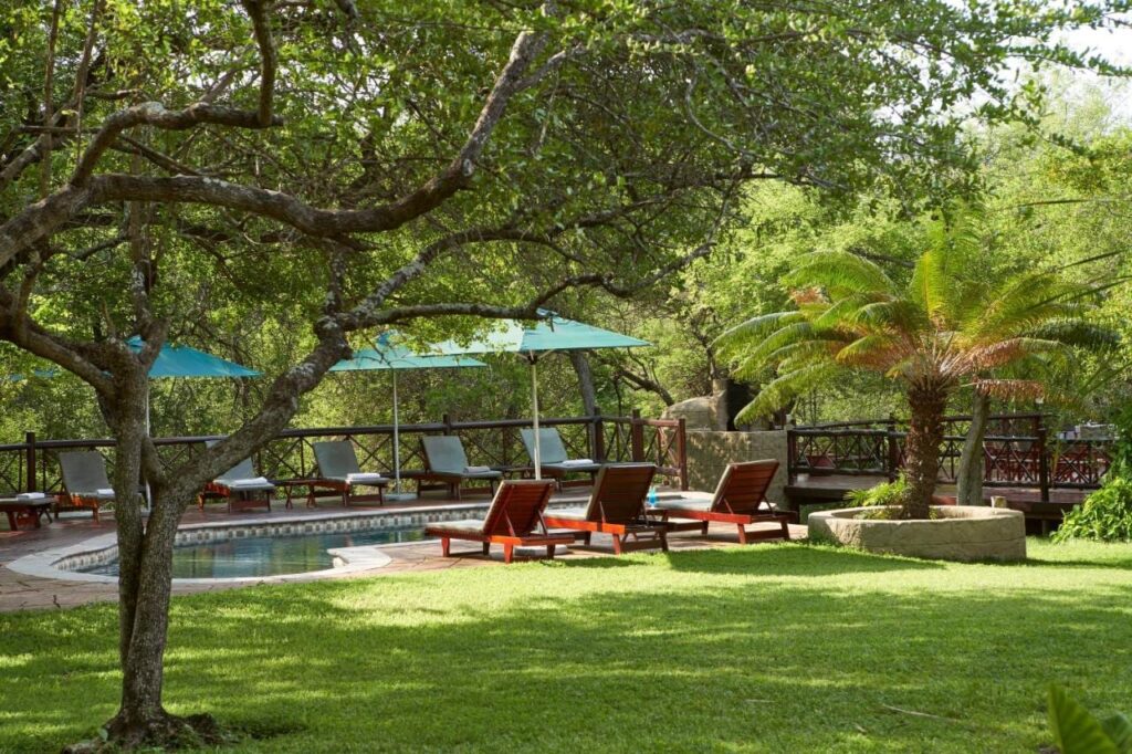 A piscina do Grand Kruger Lodge em um jardim sombreado, cercada de espreguiçadeiras de madeira e guarda-sóis turquesa