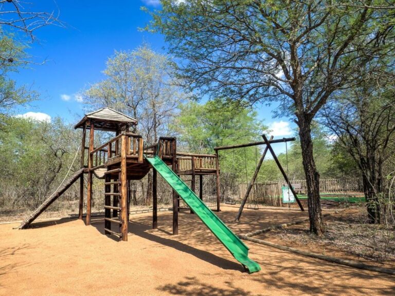 O playground, com uma torre de madeira, um escorregador verde e um balanço, sob as árvores