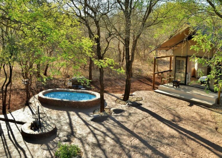 Uma tenda no meio das árvores, com seu terraço, sua piscina redonda e seu braseiro para churrasco