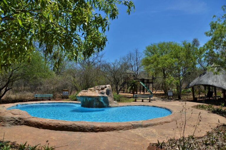 A piscina com cascata do Jackalberry Ridge sob um céu azul, cercada de bancos e árvores