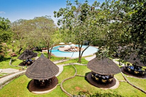 A piscina do Tarangire Sopa Lodge e seus quiosques com telhado de palha, no meio das árvores